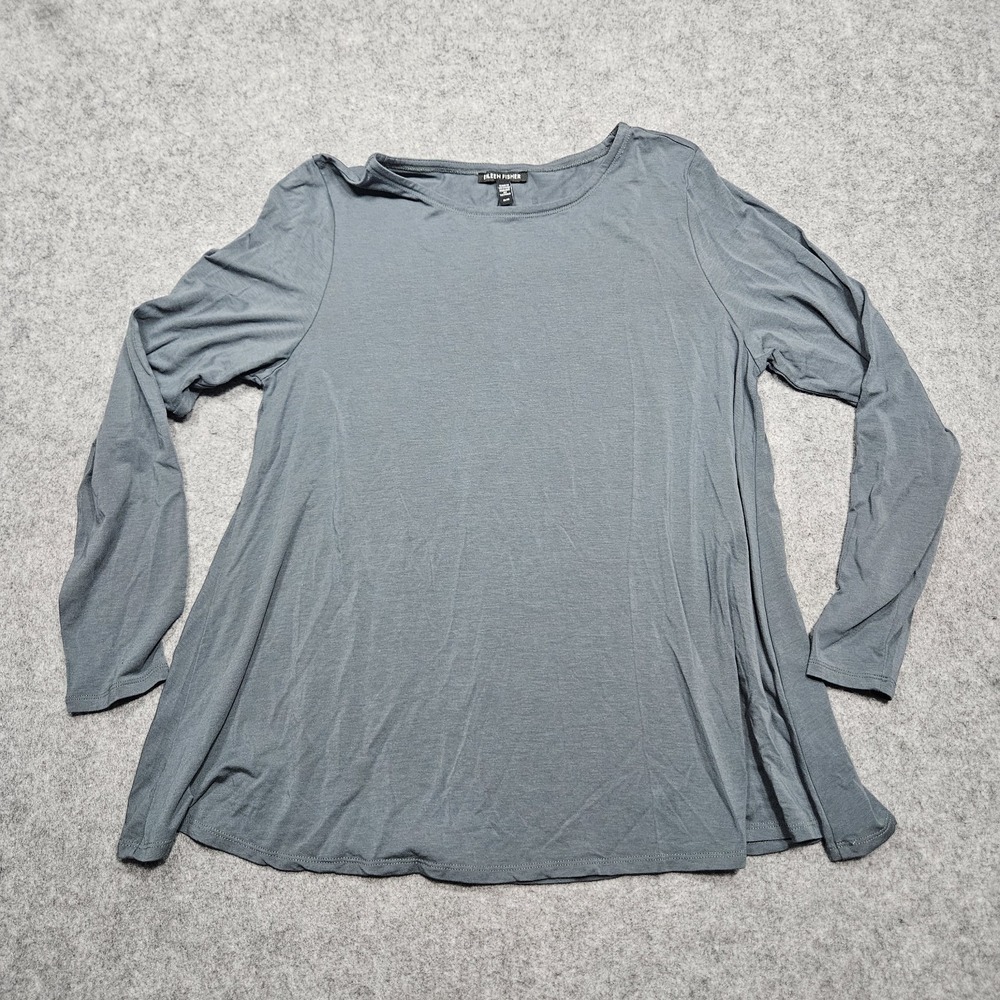 Eileen Fisher Tunic Top Tencel Womens Medium Long Sleeve Crew Neck Gray